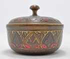 Antique Brass Round Powder Vanity Box Original Old Hand Crafted Engraved Painted