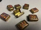 Antique Enamel Brass Hinged Snuff Pill Box Feather Design