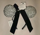 New Disney Parks Silver Sequin Minnie Ears Headband Black Velour Bow Rhinestones