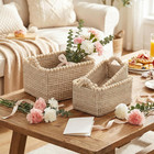 Set Of 3 Seagrass Woven Storage Basket With Handles  Natural Wooden Bead Decorat