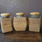 Set Of 3 Vintage Woven Seagrass Glass Storage Jars Wood Lids Decorative Read