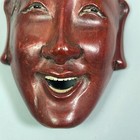 Antique Chinese Hand Carved Wood Smiling Female Face Mask Realistic Teeth  Eyes