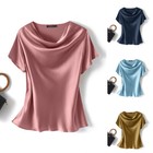 Women Satin Silky Solid Shirts Short Sleeve Cowl Neck Ol Office Work Tops Blouse
