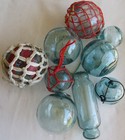 Japanese Glass Floats  9  Odd Balls Makers Mark Swirls Tape Plastic Net Spindle