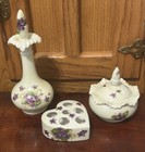 Vintage Porcelain 3 Piece Vanity Set Powder Jar  Perfume Bottle  Lipstick Holder