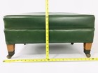 Vintage Mcm Green Leather Ottoman With Metal Wheels Wooden Legs