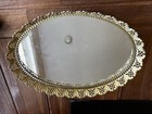 Vintage Gold Tone Filigree Ornate Oval Mirror Tray For Vanity   Perfume    14x10   