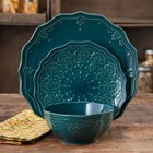 Pioneer Woman 12-piece Dinnerware Set  Lace Cowgirl Plates Bowls Stoneware  Teal