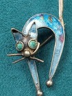 Artisan 800 Silver Cat Pin With Enamel Inlay  2  Tall X  75  Wide - Hallmark