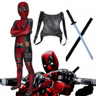Kids Deadpool Halloween Costume Boy Cosplay Jumpsuit Bodysuit With Backbag Sword