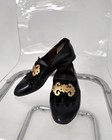 80s Vintage Black Leather Gold Ornate Fringed Flat Loafers Italy Made Eur 36 5