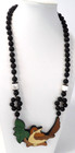 Lee Sands Inlaid Wood Marquetry Songbird   Leaf Beaded Necklace 12  Drop
