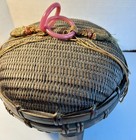 Vtg Wicker Chinese Sewing Basket Footed W  Tassels 2 Ring Holders Signed 9 