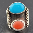 Antique Native American Navajo Turquoise Coral Sterling Silver Pinky Ring Sz3