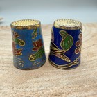 Vintage Cloisonne Enamel Thimbles Pair Bird Floral Blue Gold Tone Collectible