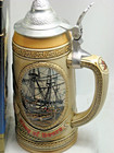 Budweiser Lidded Stein 1986 Land Sea Tall Ships Transportation Horse Cart Cerami