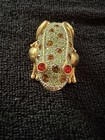 Frog Metal Trinket Box Hinged Lid Gold Tone Green   Red Rhinestones