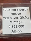1952-mo Mexico 5 Pesos Silver Coin  720 Hidalgo Large Crown Au Uncirculated   