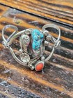 Silver Cuff Bracelet Bezel Set Oval Blue Turquoise   Coral Stones Sizable