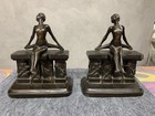Art Deco Nouveau Nude Female Sitting On Garden Wall Plated Metal  Bookends