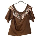 Mondiki Brown Ruffled Square Dance Blouse Top Southwestern Aztec Print Size L