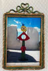 Antique Gilt Bronze French Table Picture Frame  Emerald Green Ceramic Trim