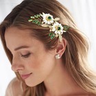 Bridal Hair Clip Green White Enamel Flower Gold Leaf Crystal Wedding Accessory