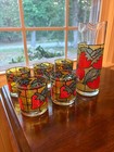 Vintage Stained Glass Red Strawberry Glass Pitcher   Glasses Set Mcm