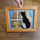 Vtg Tuxedo Cat Looking Out Window 12  X 10  Stained Glass Hanging Piece Framed