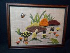 2 Vtg Crewel Embroidery Yarn Needlepoint Frog Bee Mushrooms Snail Wall Hanging