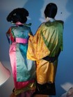 Vintage antique Hand-made Pair Asian oriental Silk Kimono Garment Dolls On Base