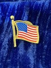 American Flag Patriotic Pinback Lapel Pin Gold Tone Red White Blue