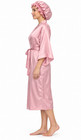 Women   s Satin Kimono Midi Robe With Matching Ruffle Bonnet  Pink  S m l 