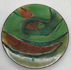 Vintage Enamel Over Copper 4 25   trinket Dish Abstract Snake Like Green   Red