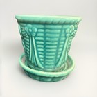 Vintage Teal Green Shawnee Pottery Planter Flower Pot Bow Design 3 1 4  Saucer