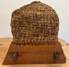 Charming Antique Primitive French Rush Beeskep On Wooden Base