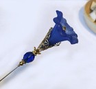 Blue Morning Glory Hatpin With Crystal On Gold Finish Setting - 8 Inch