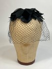 Vintage 1950 s Black Silk   Velvet Petal W feather Wisps   Net Fascinator Hat