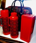 Vintage Aladdin Red Plaid Thermos Picnic Set With Canvas Bag - Made Usa