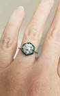 Art Deco Round Lab Created Diamond   Emerald 14k White Gold Fn Engagement Ring