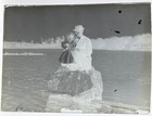 Antique Glass Plate Negative   Father And Daughter On A Rock In Water