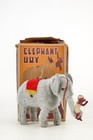 Vintage Japan Elephant Boy Wind Up Mohair Toy Mechanical Celluloid Figure Box