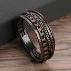 Men Jewelry Black Braided Leather Bracelet Multi-layer Stainless Steel Clasp A