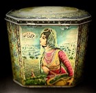 Vintage Mid East Persian Style Tea chai Caddy Tin     Folk Art Woman   Lion Design