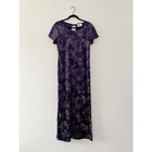 Vintage Velvet Maxi Dress Purple Floral Print Short Sleeve Keyhole Neck