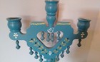 Vintage Sweden Blue Candelabra 3 Candle Candlestick Holder Swedish Wood Folk Art