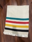 100  Wool  Jack Frost hudson Bay Style Blanket White W Green Red Yellow Stripes