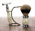 Shaving Brush   Razor Gift Set -3 Piece Wet Shaving Kit With Steel Stand For Men