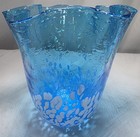 Vtg Ruffled Vase Handkerchief Style Hand Blown Glass Blue   White W  Bubbles 7    