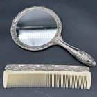 Vintage Vanity Hand Held Mirror   Comb Ornate Silver Plated Set